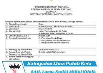 SAH, Lapas Suliki Miliki Klinik Pratama Berizin Berbasis Risiko