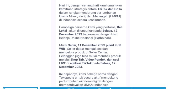 TikTok Shop Indonesia Resmi Kembali Memfasilitasi Transaksi e-Commerce Bermitra Dengan Goto Mulai 12 Desember 2023 Besok