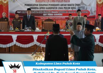 Disaksikan Bupati Lima Puluh Kota, Zulhikmi Dt. Rajo Suaro Resmi PAW Anggota DPRD Lima Puluh Kota
