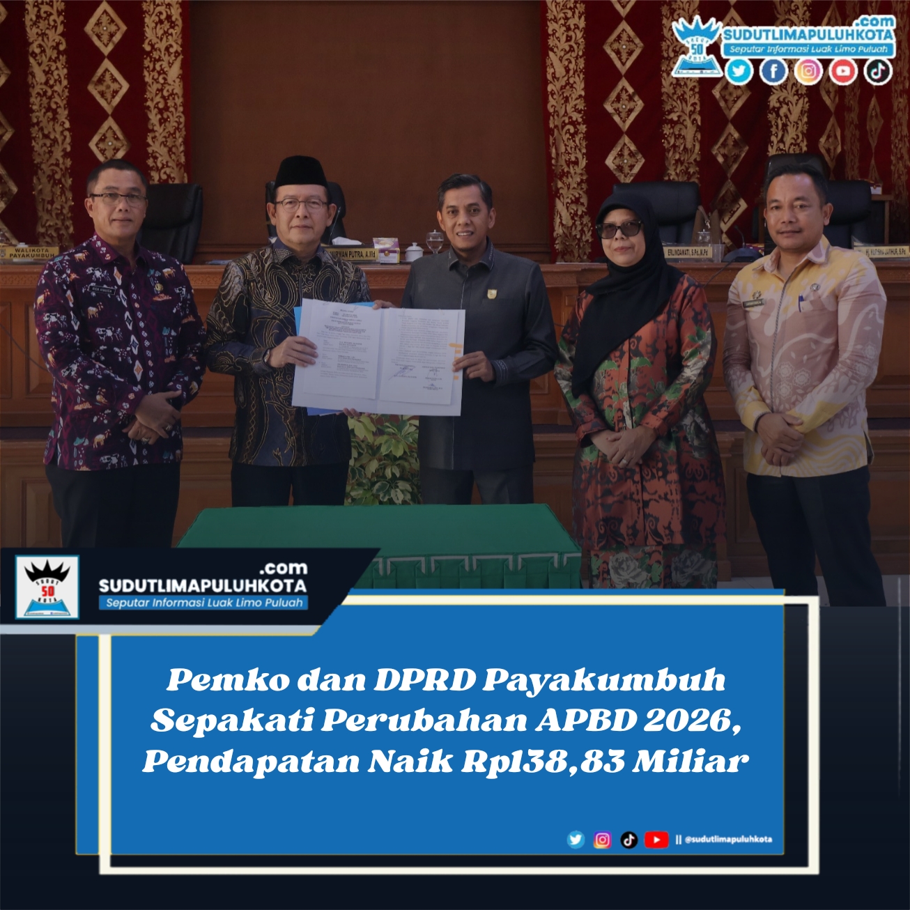 Pemko dan DPRD Payakumbuh Sepakati Perubahan APBD 2026, Pendapatan Naik Rp138,83 Miliar